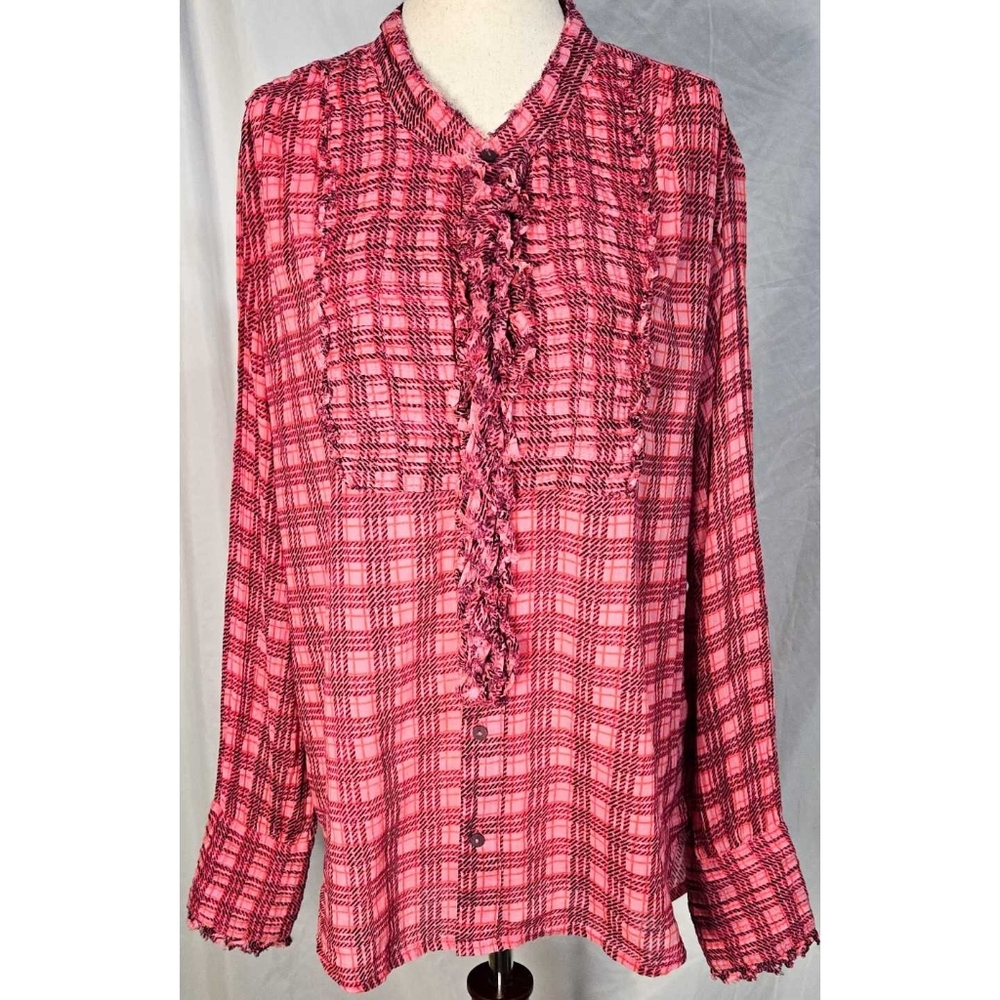 Free People One Oversized Tunic Button Down Top Pink Plaid Ruffle Boho